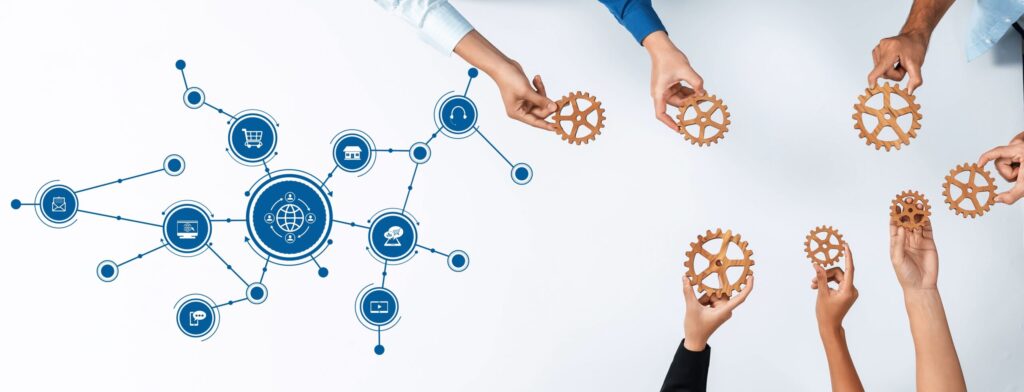 Hands holding gears on the right with a set of connected web related icons