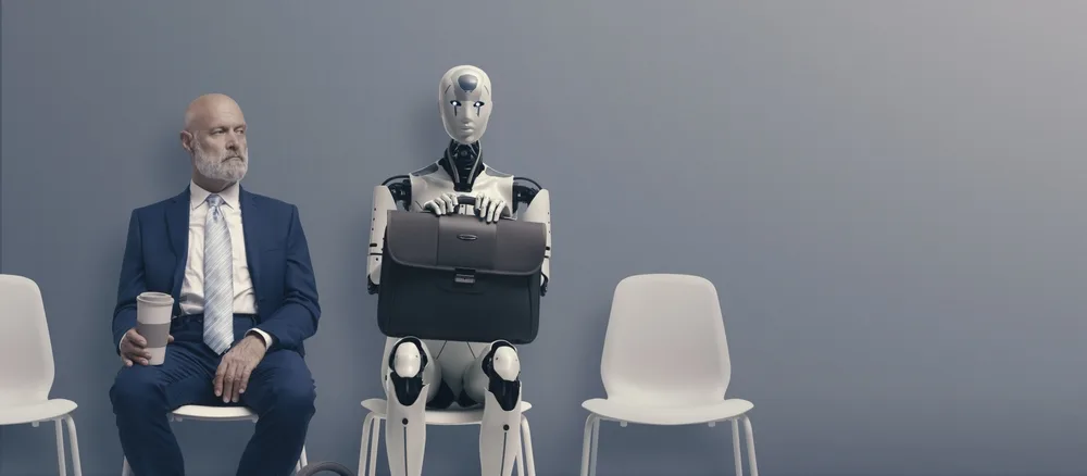 AI Agent, a robot with a briefcase, sitting next to a human waiting for a job interview