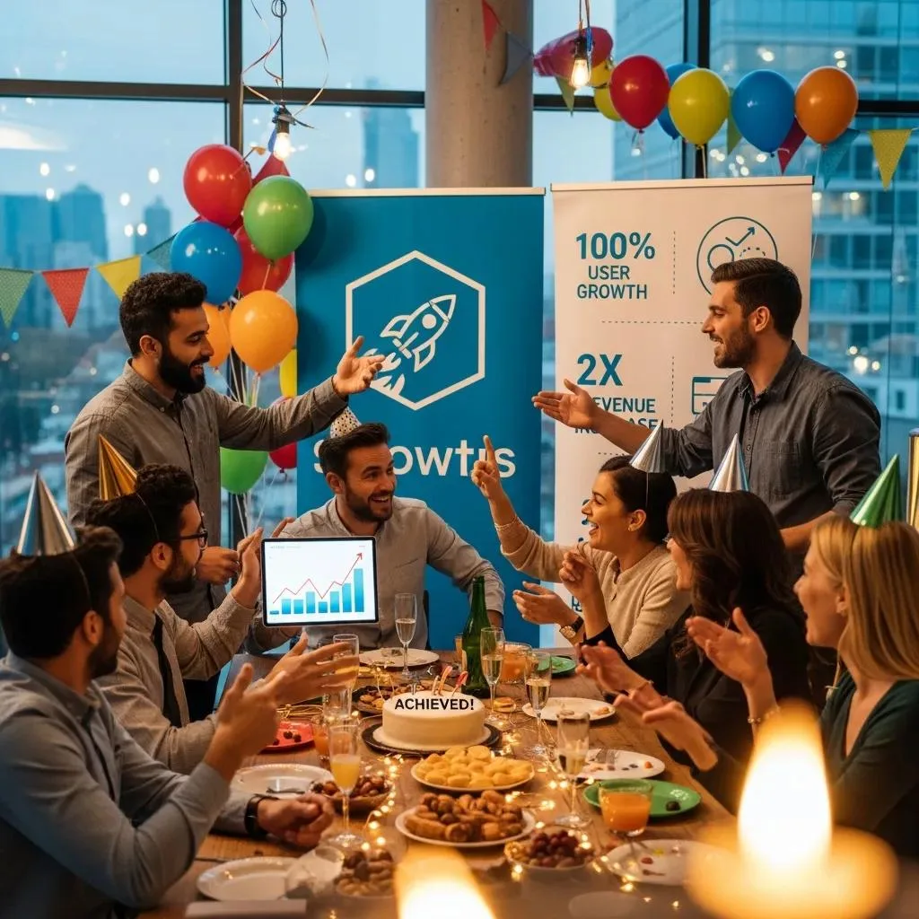 Startup team celebrating growth metrics after hiring a fractional CMO