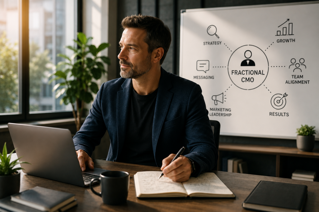 Man at desk illustrating fractional CMO strategy and team alignment.