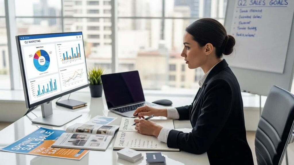 Business owner analyzing marketing data and sales strategies for selling a business