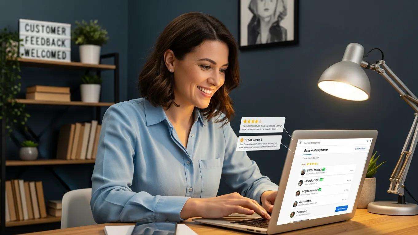 Woman engaging with customer reviews on laptop, showcasing review management for local SEO, with a focus on customer feedback and online reputation.