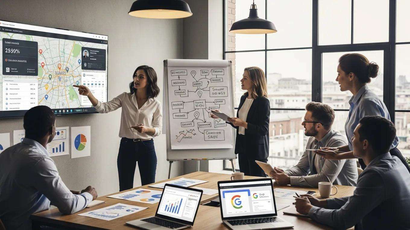 Team collaborating on local SEO strategies, discussing digital marketing insights, with a map displayed on the screen emphasizing local search visibility and engagement.