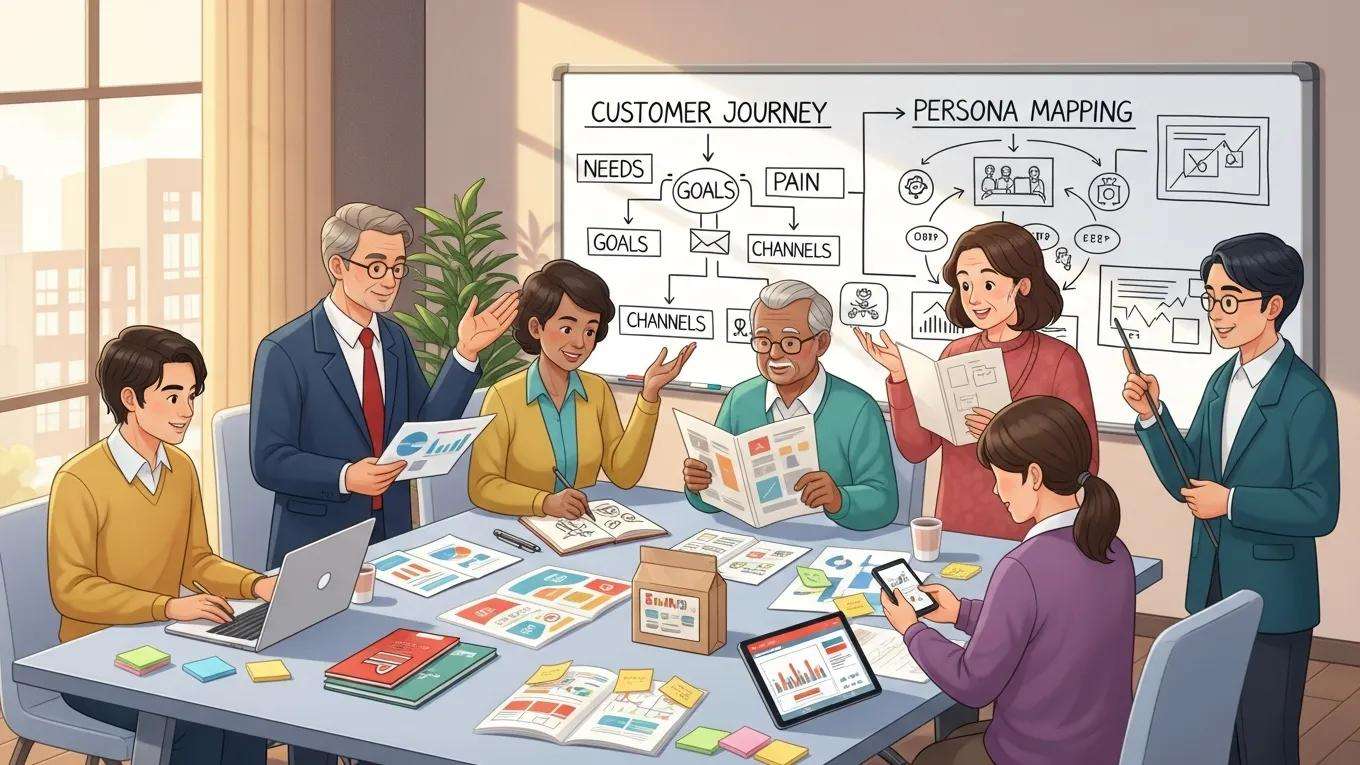Diverse team discussing buyer personas and targeted marketing strategies around a whiteboard.