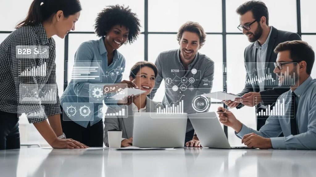 Diverse B2B professionals collaborating in a modern office, illustrating teamwork and scalable marketing strategies.
