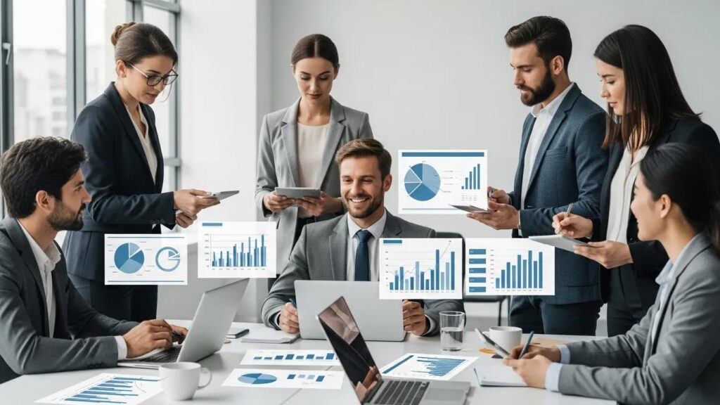 Business team collaborating on marketing strategy with charts and data analysis, illustrating the role of a fractional CMO in strategic decision-making.