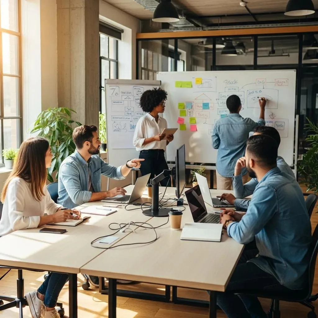 Team collaborating in a modern office, discussing marketing strategies with a whiteboard presentation, highlighting the role of a fractional CMO for startups.