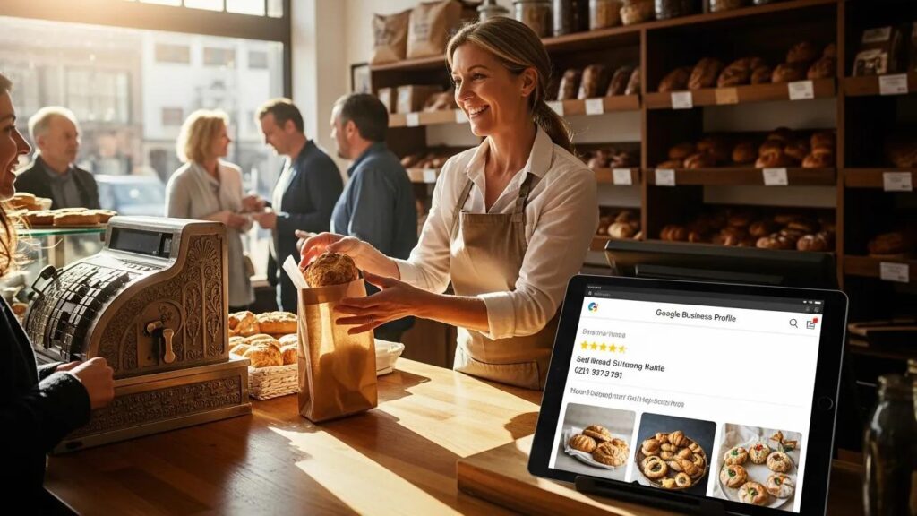 Local business owner engaging with customers at a bakery, showcasing Google Business Profile on a tablet, emphasizing the importance of local SEO and online visibility.