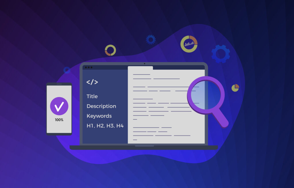Laptop displaying on-page SEO elements like title, description, and keywords, with a smartphone showing a 100% checkmark, emphasizing website optimization for search rankings.