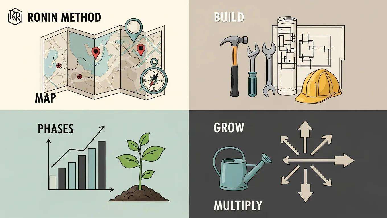 Visual representation of the four phases of the Ronin Method: Map, Build, Grow, Multiply