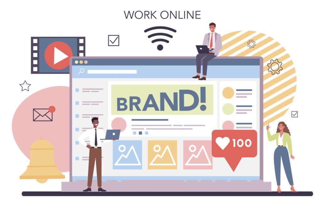 Laptop graphic showing branding, social media, reviews, and other web presence items