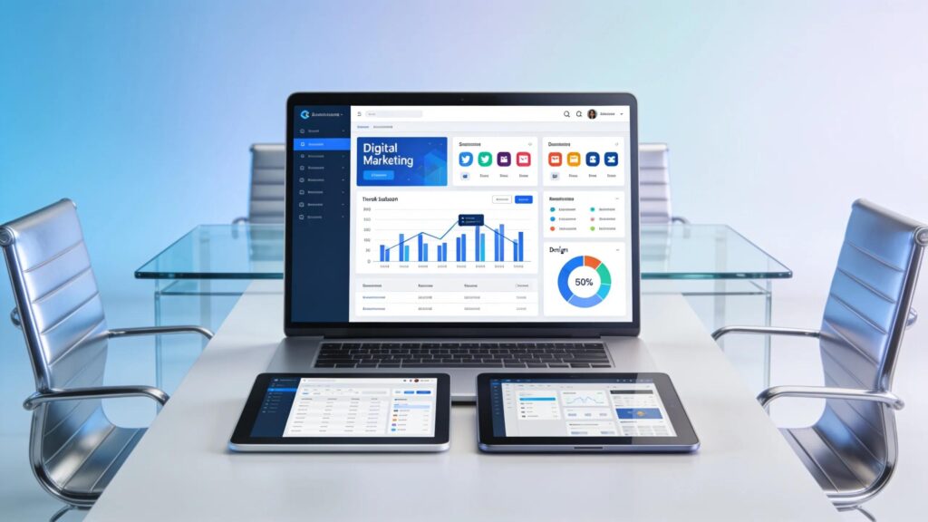 Digital marketing tools in a modern workspace illustrating optimized web presence for B2B firms