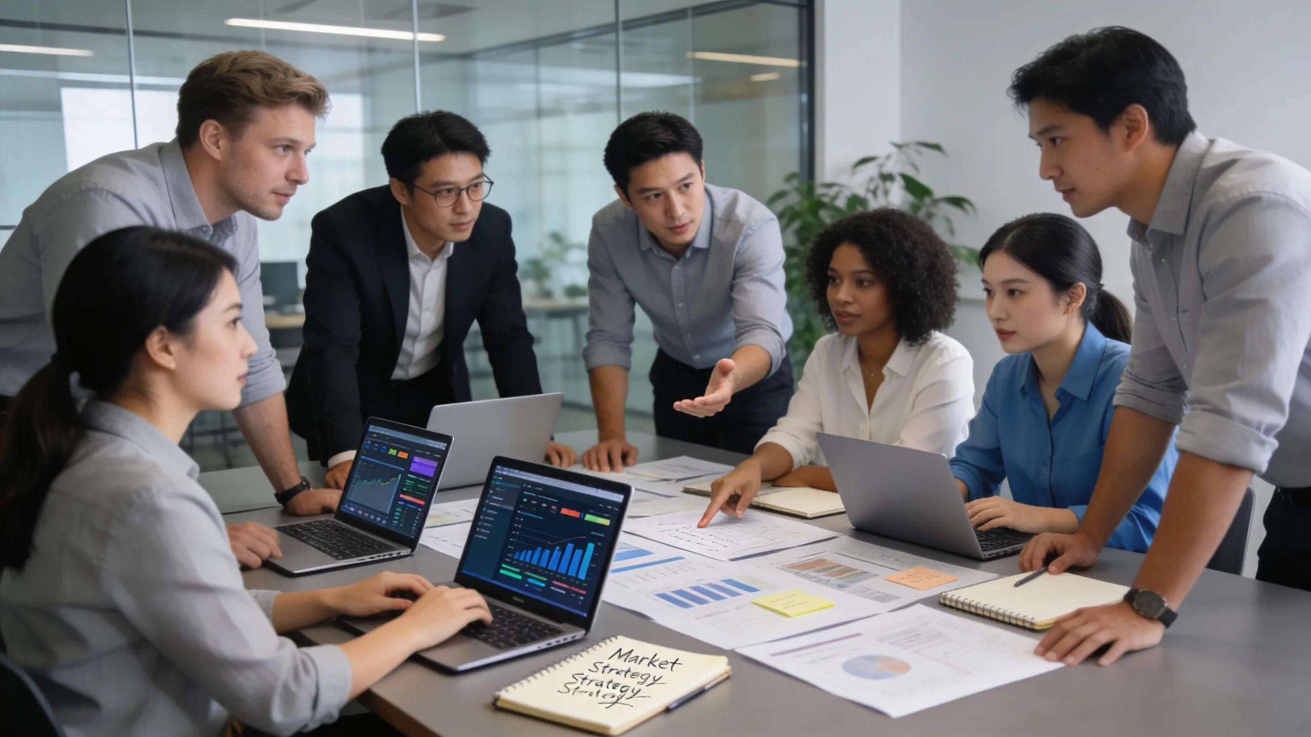 Professionals collaborating on B2B digital marketing strategies in a modern office setting