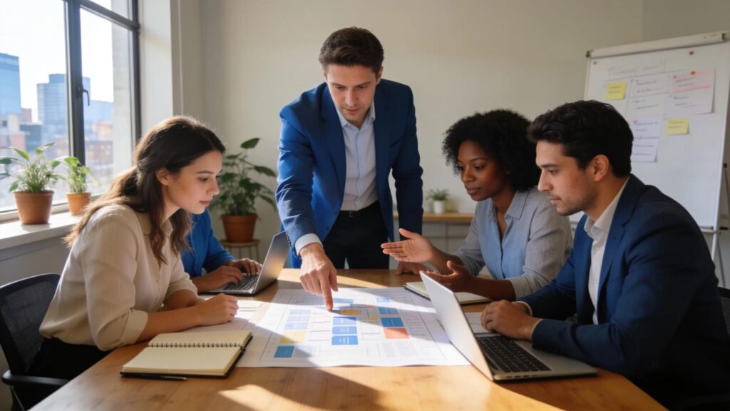 Fractional leadership in a modern office setting with a confident executive leading a team discussion