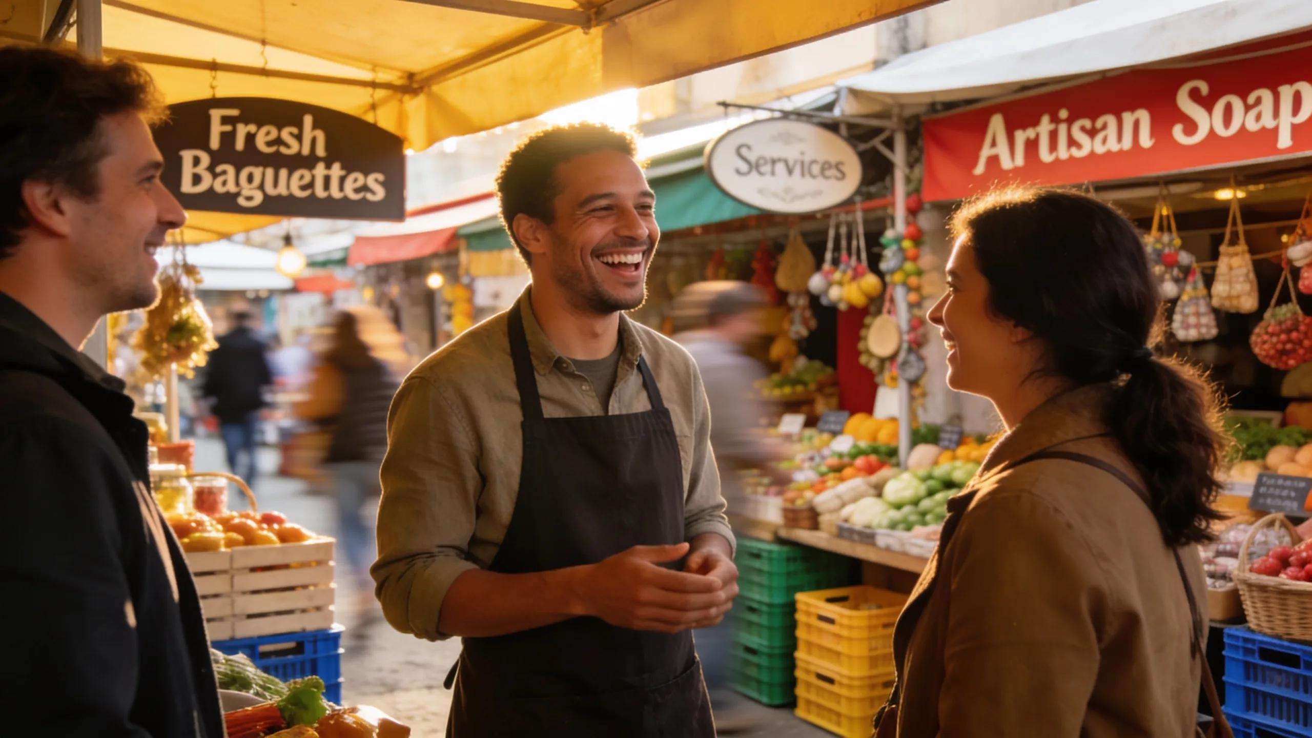 Local business owner interacting with customers at a community market, highlighting local market expertise