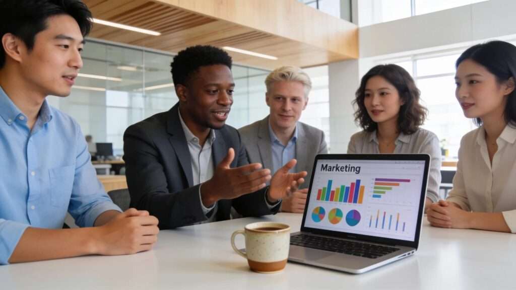 Business professionals collaborating in a modern office, representing marketing strategy discussions