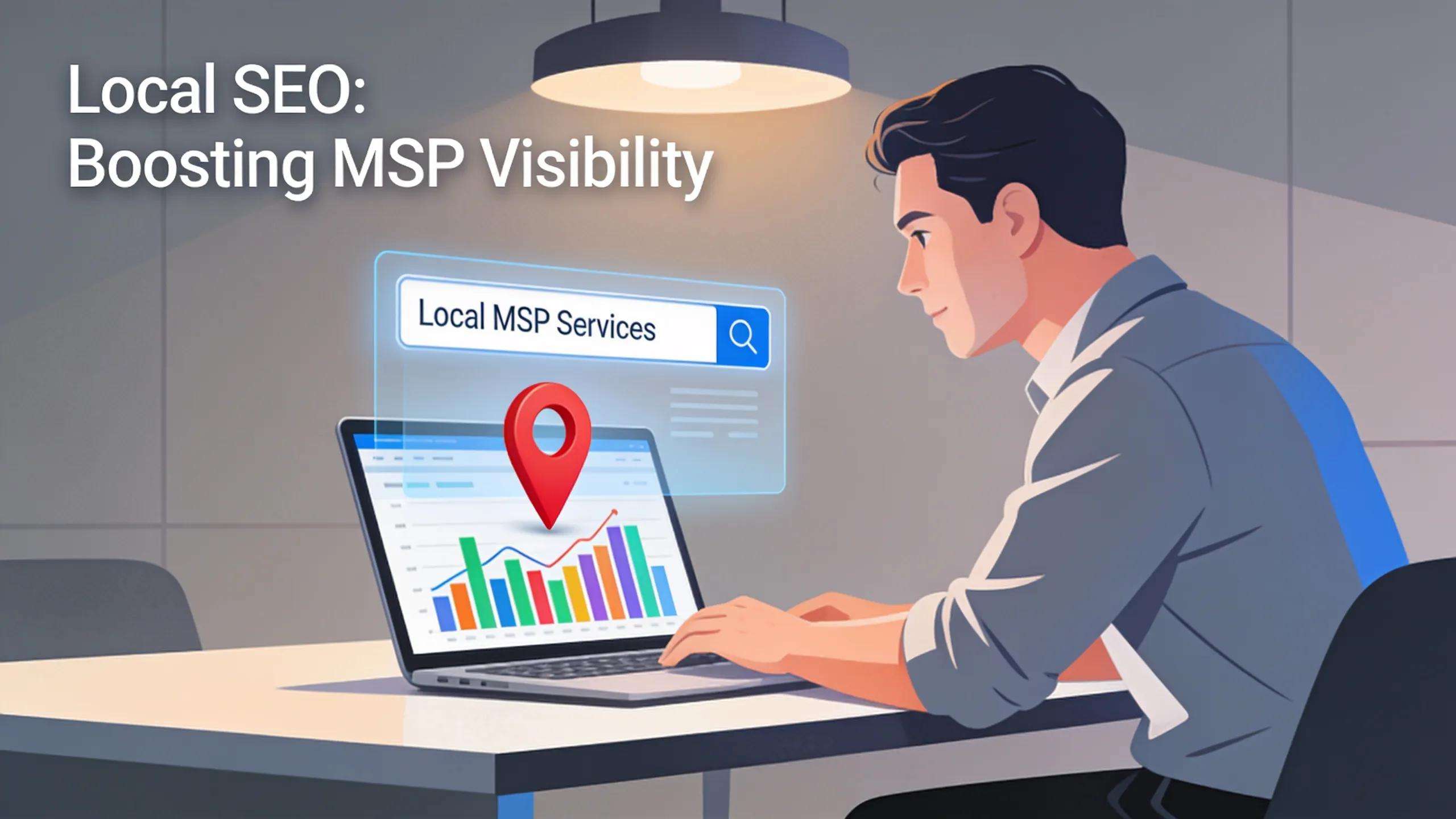 Digital marketing strategist analyzing local SEO data on a laptop with search elements