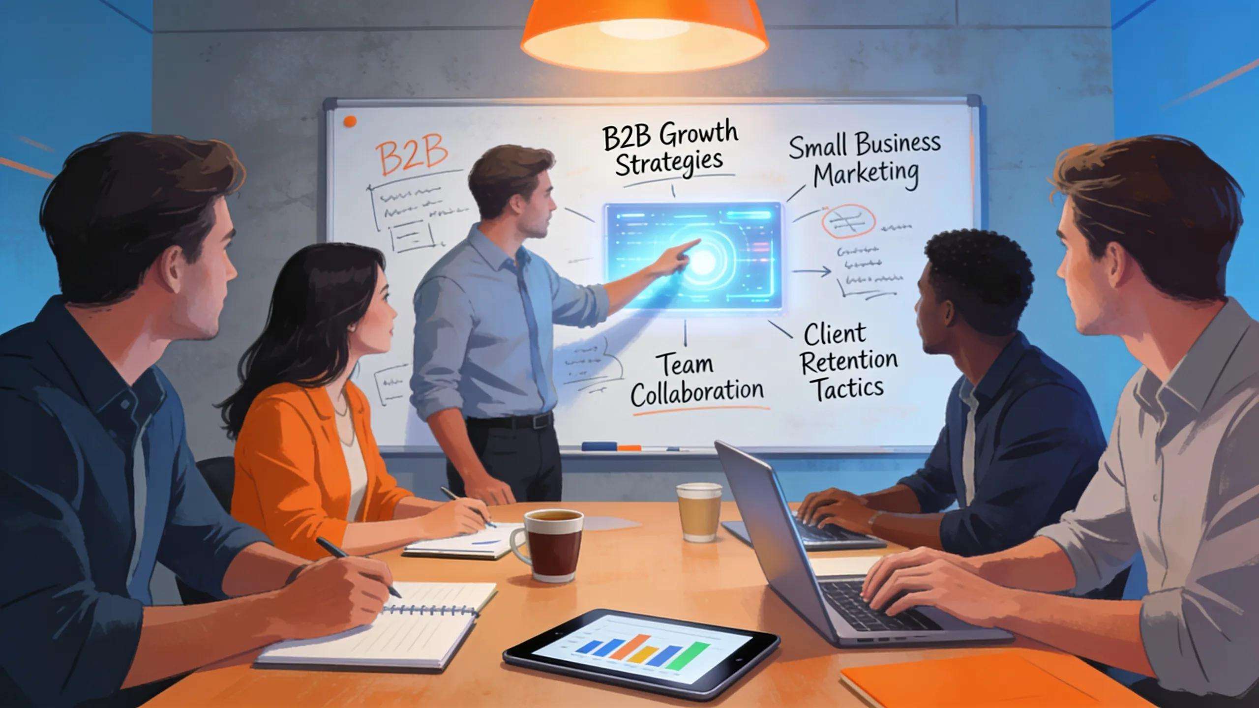 B2B growth strategies presentation with team collaboration and client retention tactics.