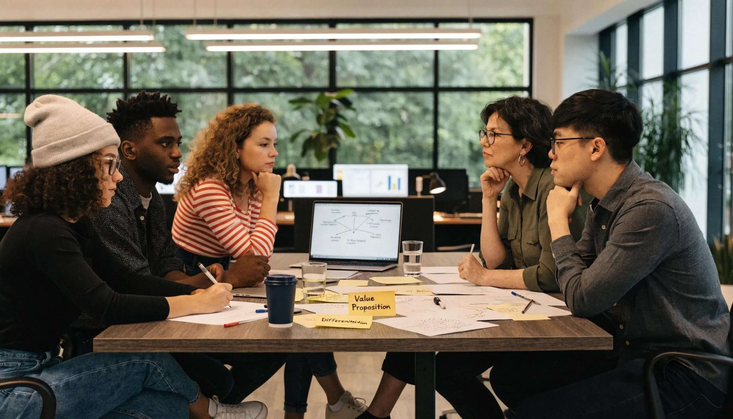 Group of founders collaborating on value proposition messaging strategy workshop.
