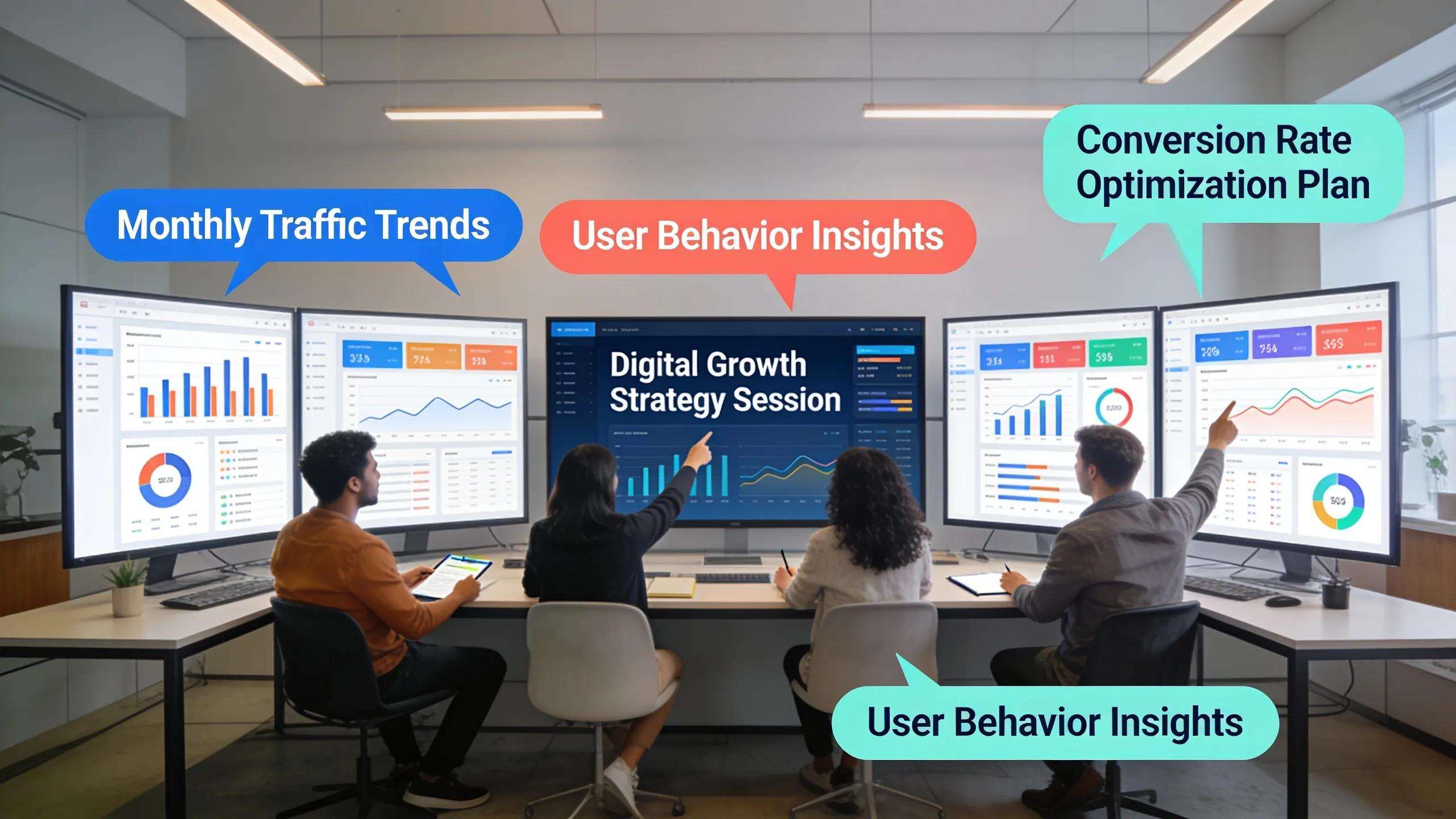 Team analyzing digital marketing data to enhance web presence for B2B companies.