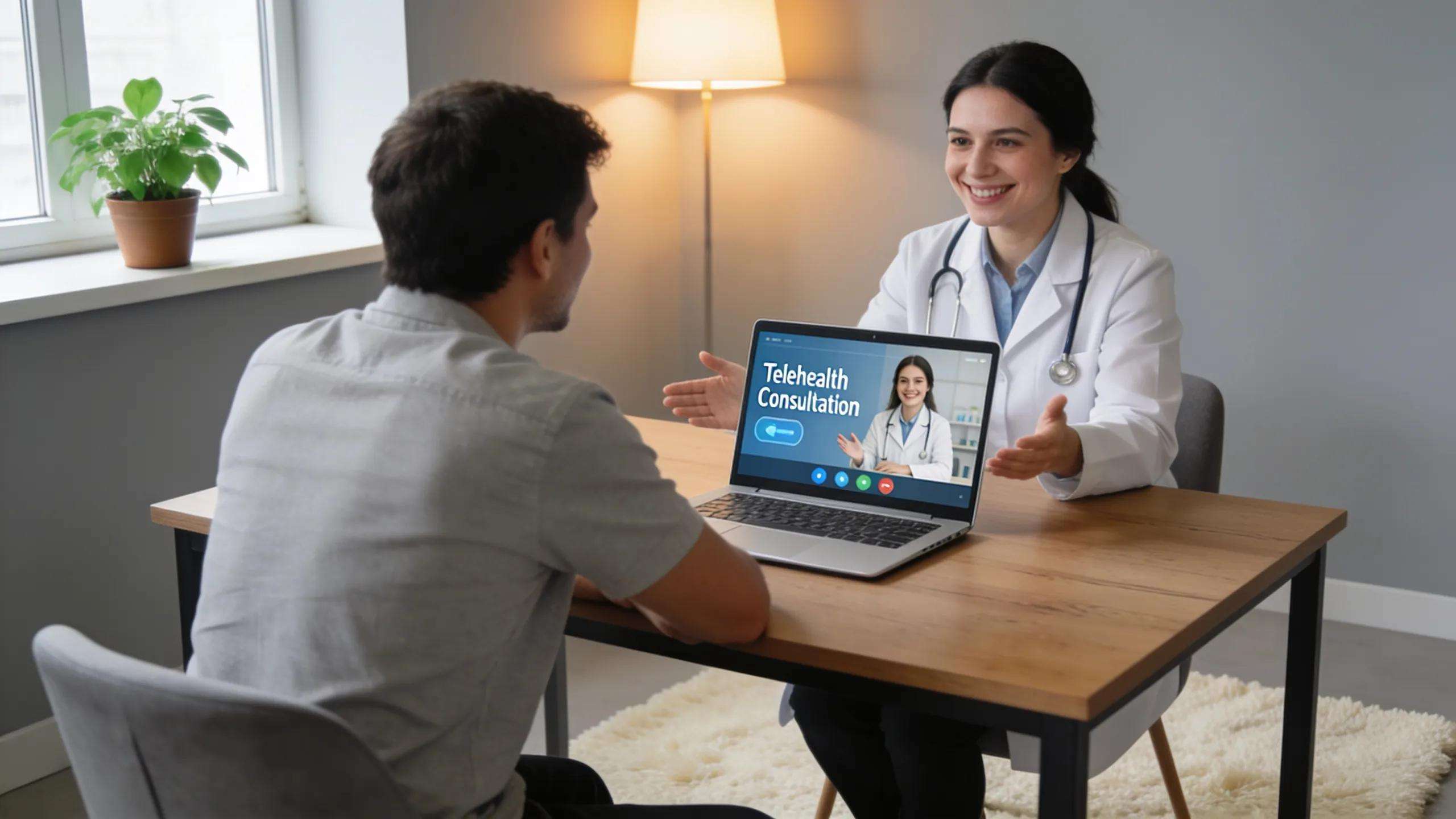 Healthcare provider discussing telehealth options with a patient in a cozy consultation room showcasing innovative healthcare delivery