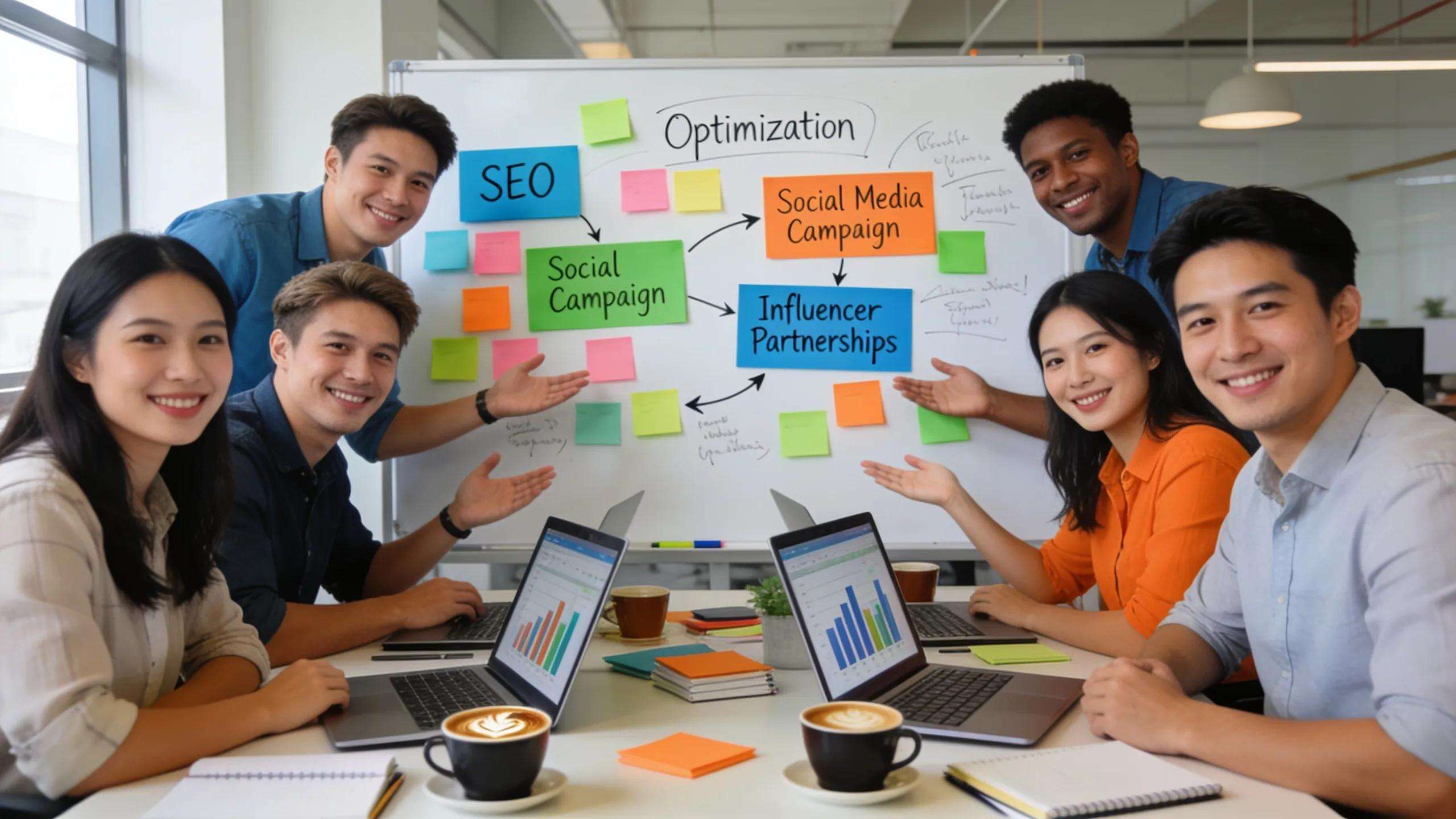 Team collaborating on marketing strategy in a modern office, highlighting the collaboration with a fractional CMO