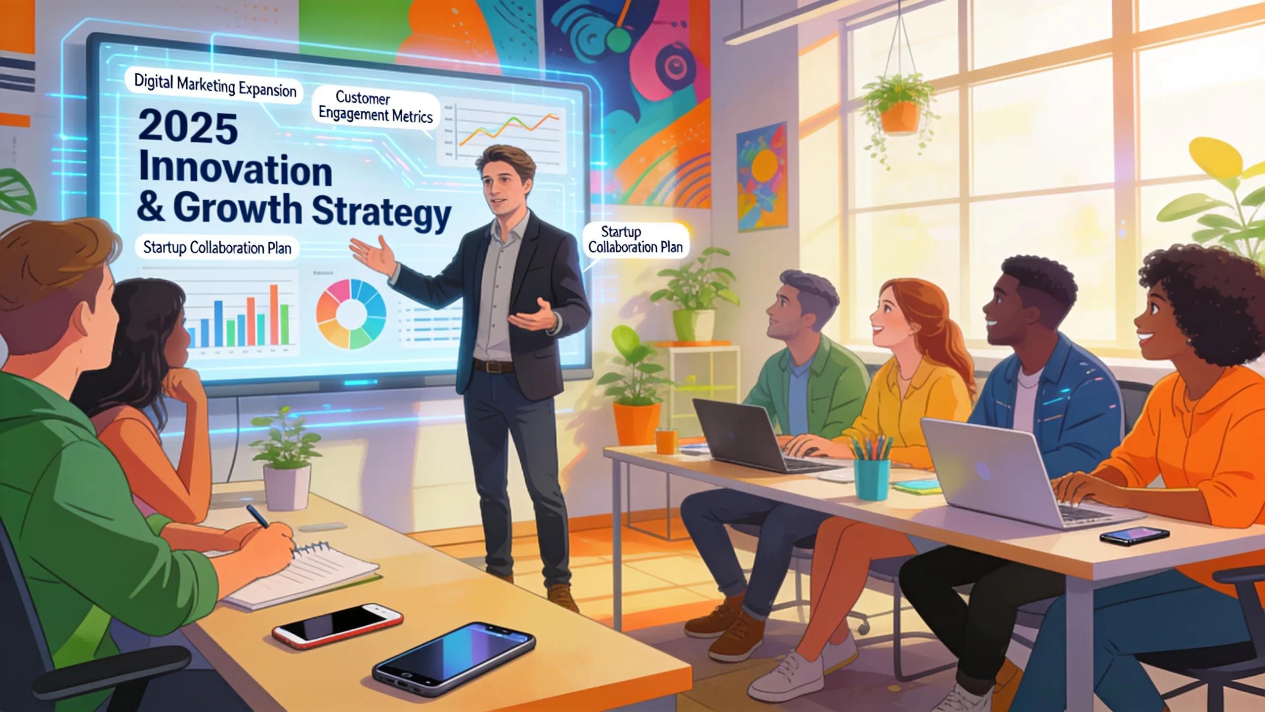 Business leader presenting B2B tech marketing strategies to a team in a vibrant office, showcasing innovation and teamwork