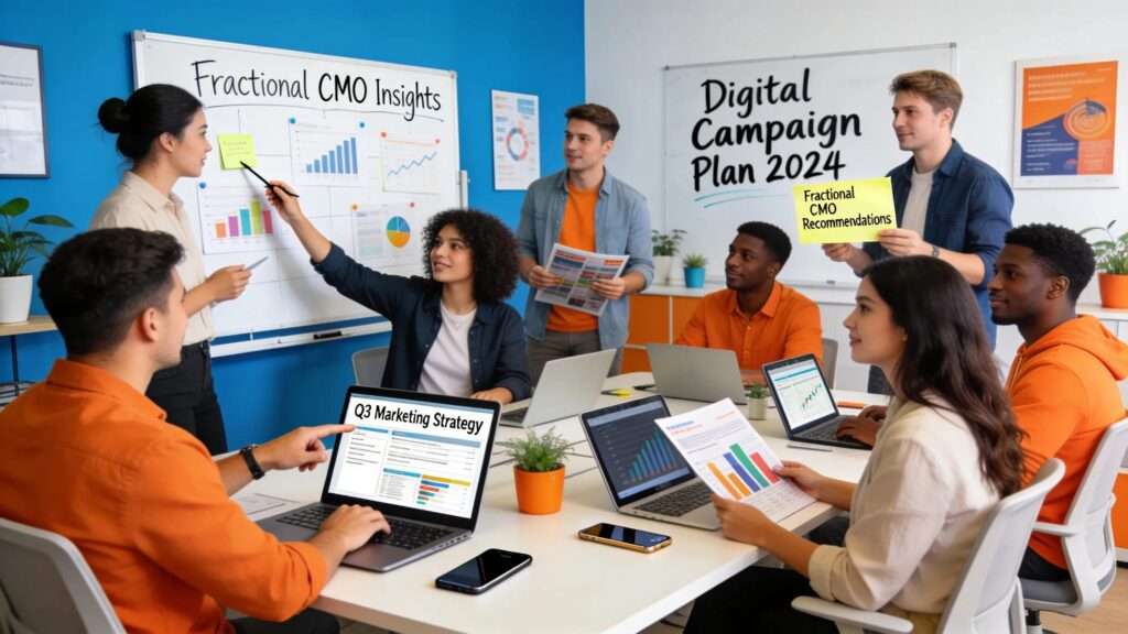 Fractional CMO insights and digital campaign plan presentation with marketing team and laptops.