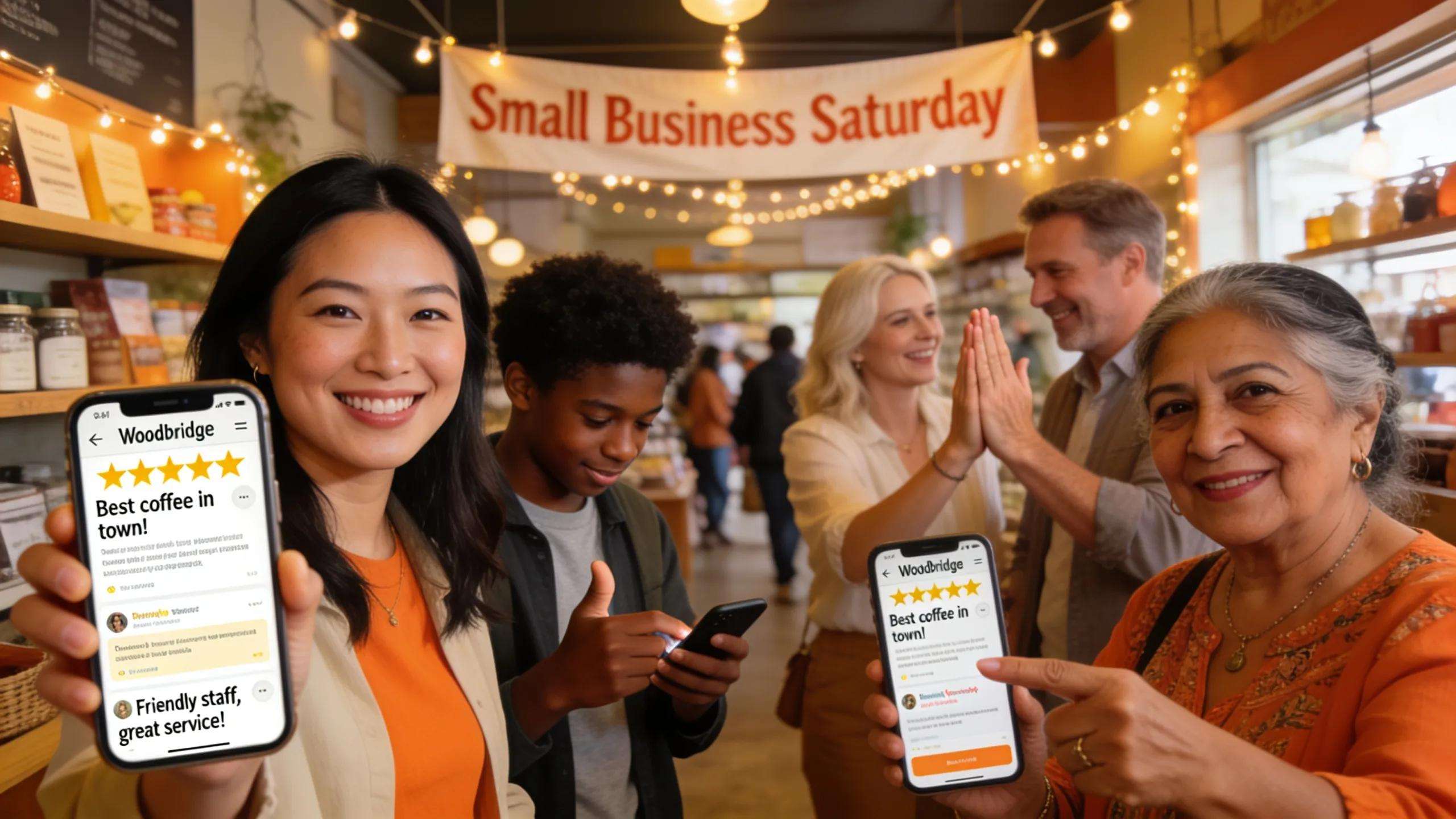 Customers happily leaving positive reviews for a local Woodbridge business, illustrating the impact of online review services on reputation