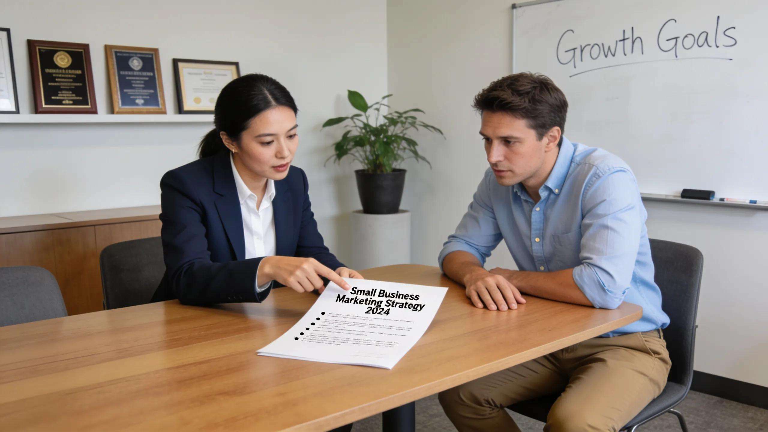 A fractional CMO consulting with a business owner, illustrating the selection process for outsourced marketing leadership