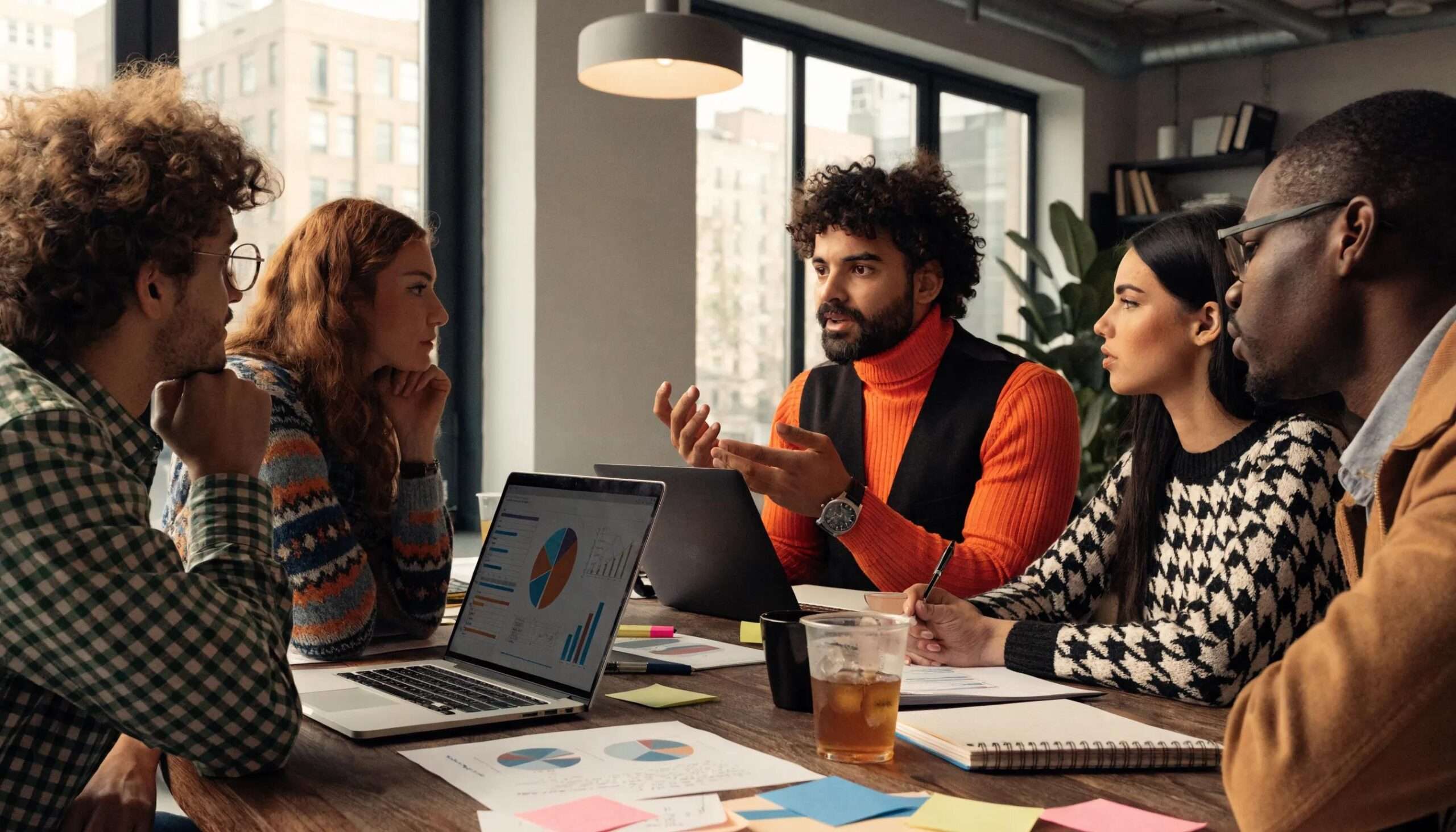 Startup marketing team collaborating around a laptop displaying marketing data and charts.