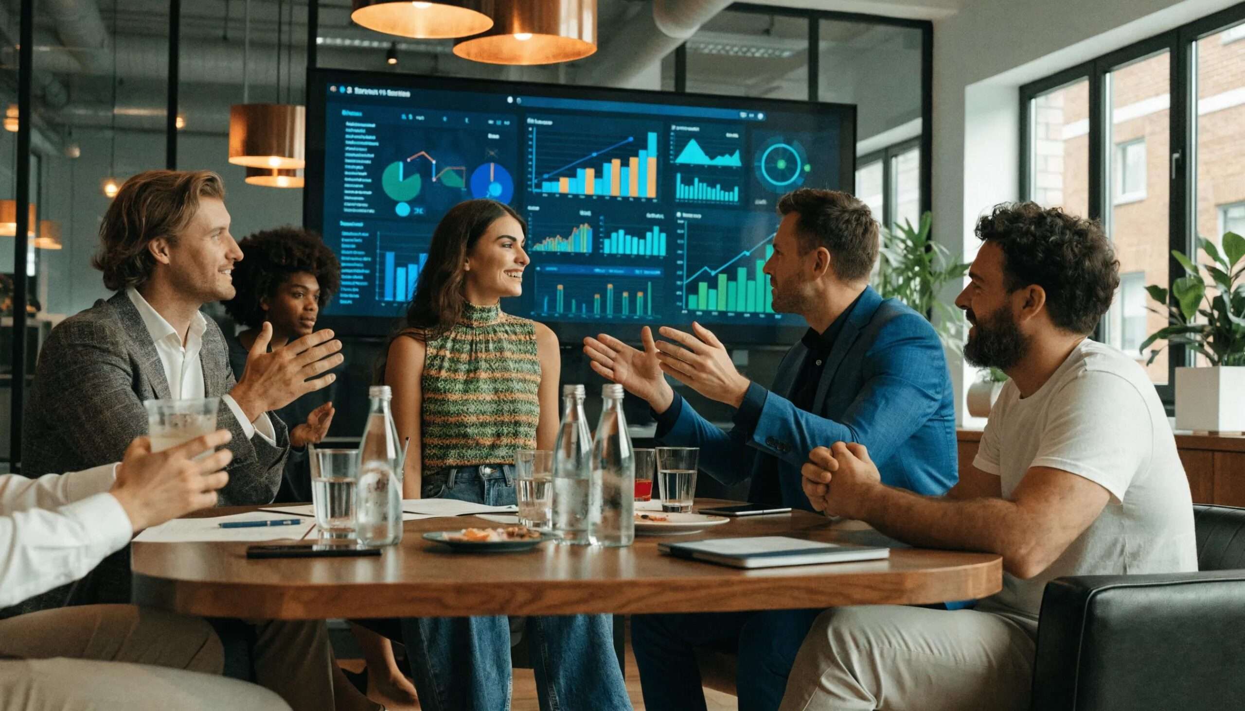 Business team discussing marketing data and growth metrics with fractional CMO.