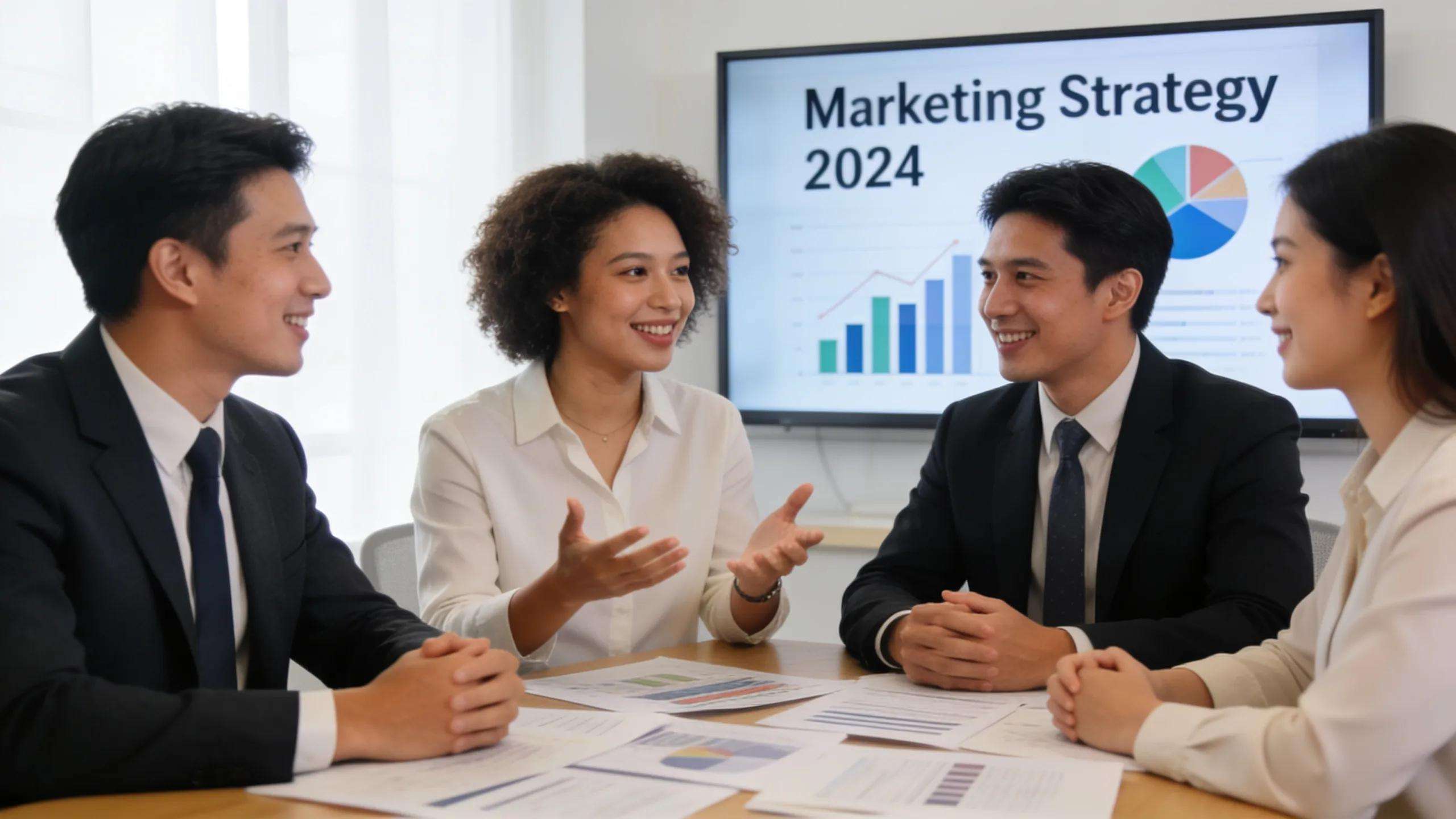 Team discussing marketing strategies in a modern meeting room
