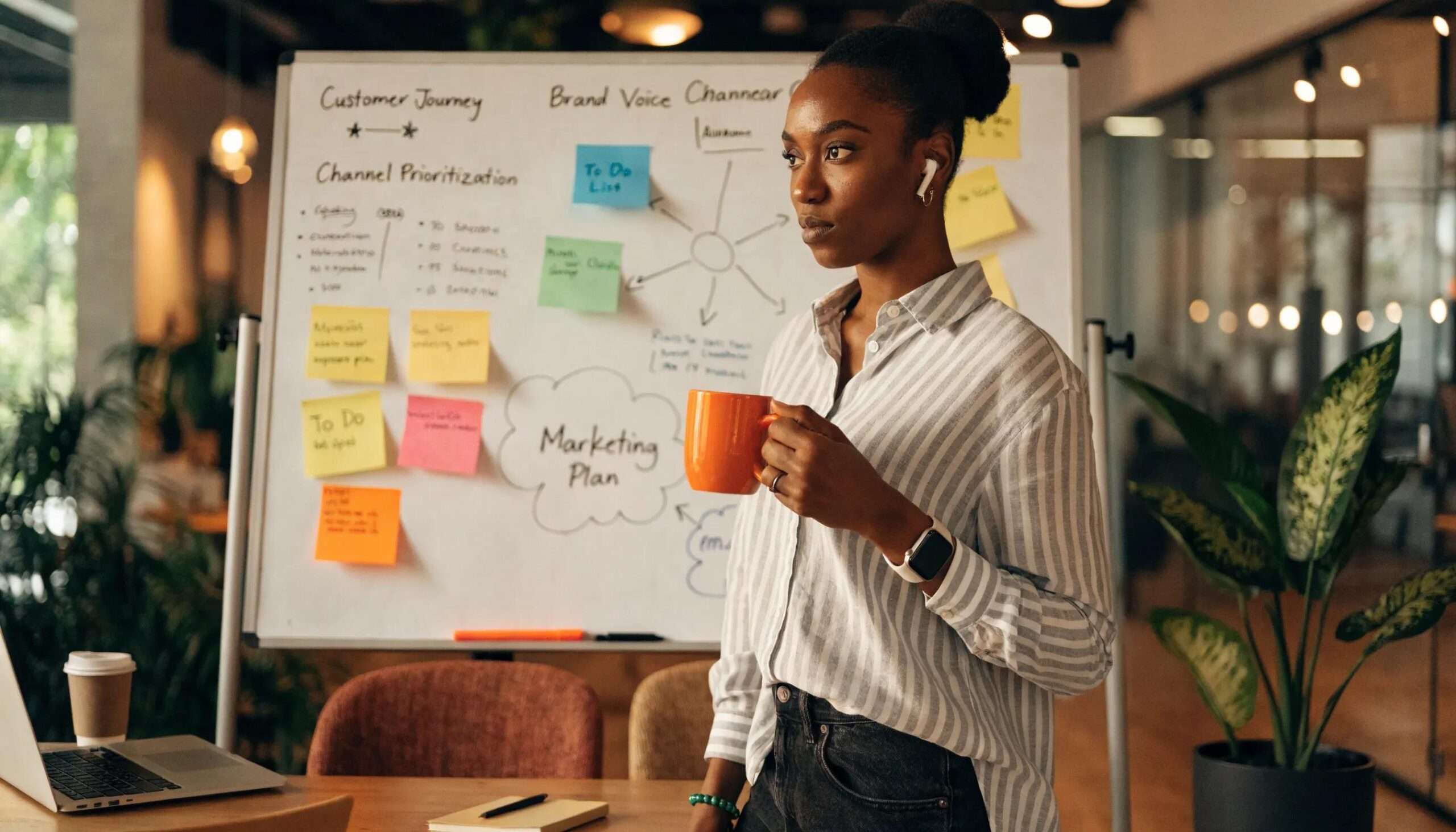 Marketing professional presenting strategic plans in a collaborative workspace.