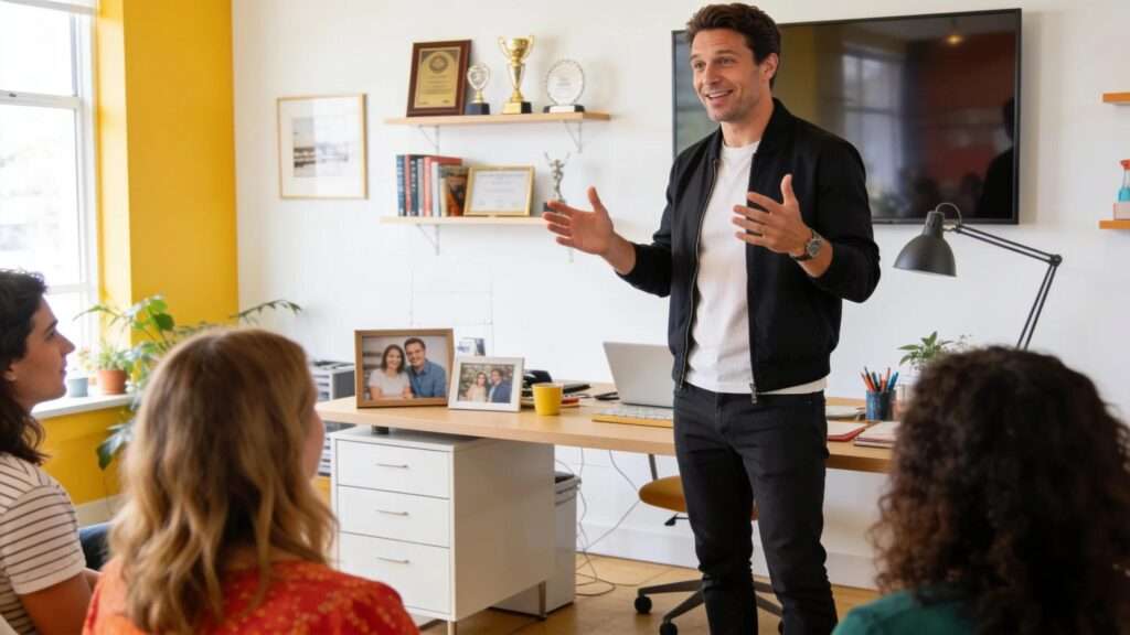 Founder-led B2B thought leadership presentation and client engagement in modern office setting.