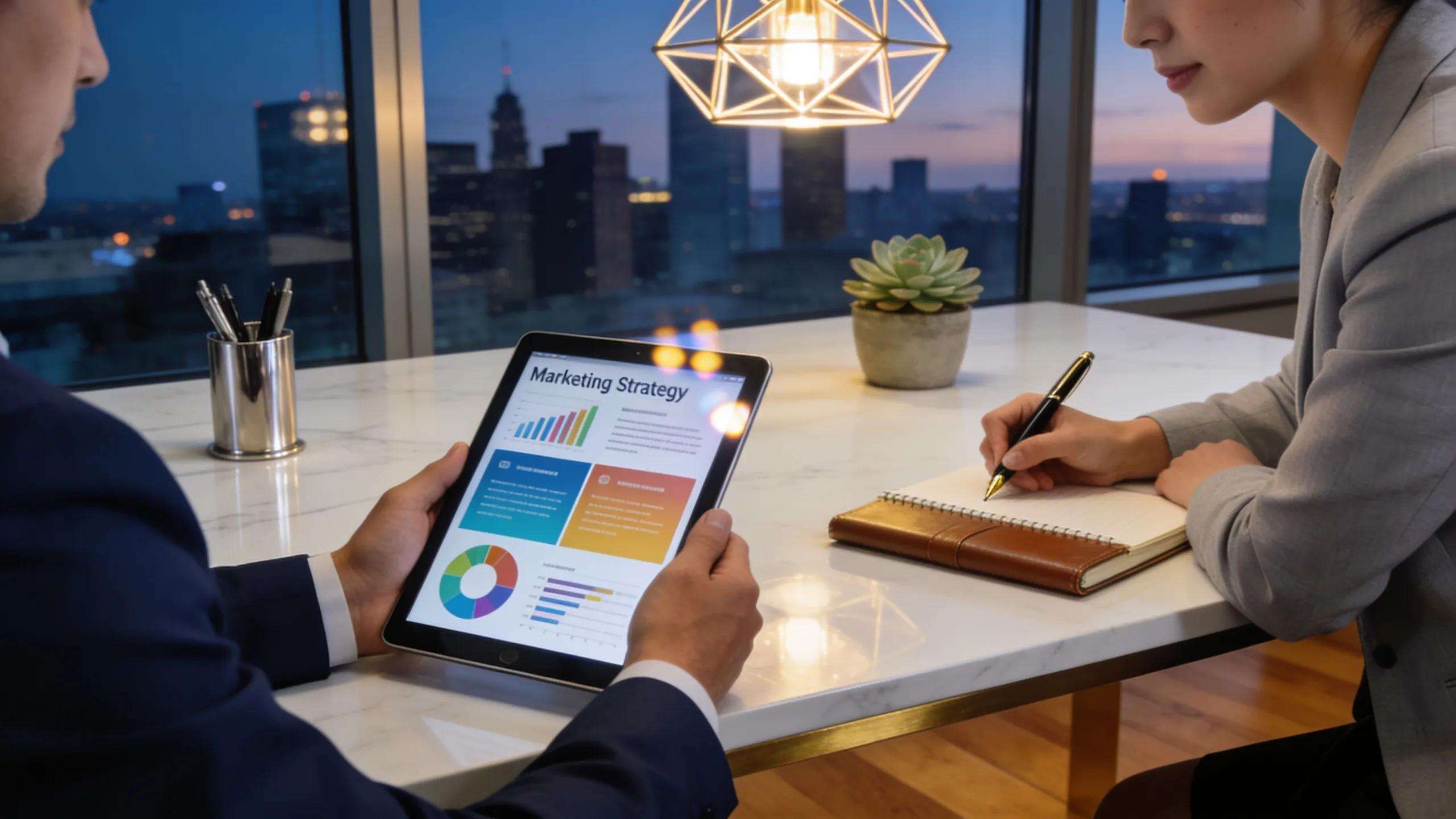 B2B marketing strategy discussion with fractional CMO using tablet displaying marketing data and charts.