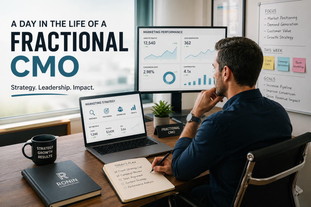 Fractional CMO analyzing marketing performance data and strategy, illustrating daily responsibilities and impact.