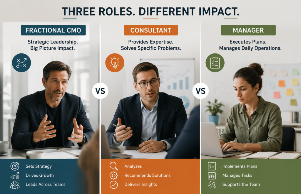 Fractional CMO, consultant, and manager roles comparison illustrating strategic leadership, expertise, and task execution.