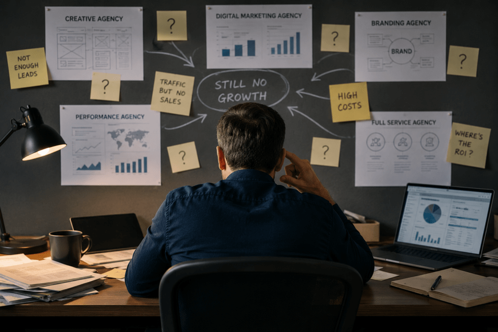 Frustrated founder surrounded by agency notes and charts illustrating lack of marketing growth and high costs.