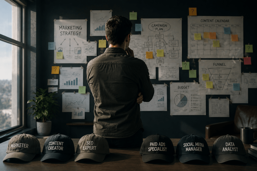Man contemplating marketing strategy and campaign plan, surrounded by charts and data visualizations.