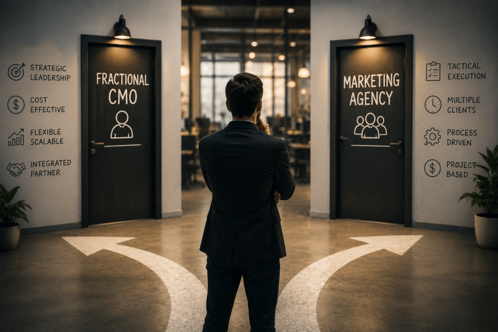 Business leader contemplating choice between fractional CMO and marketing agency solutions.