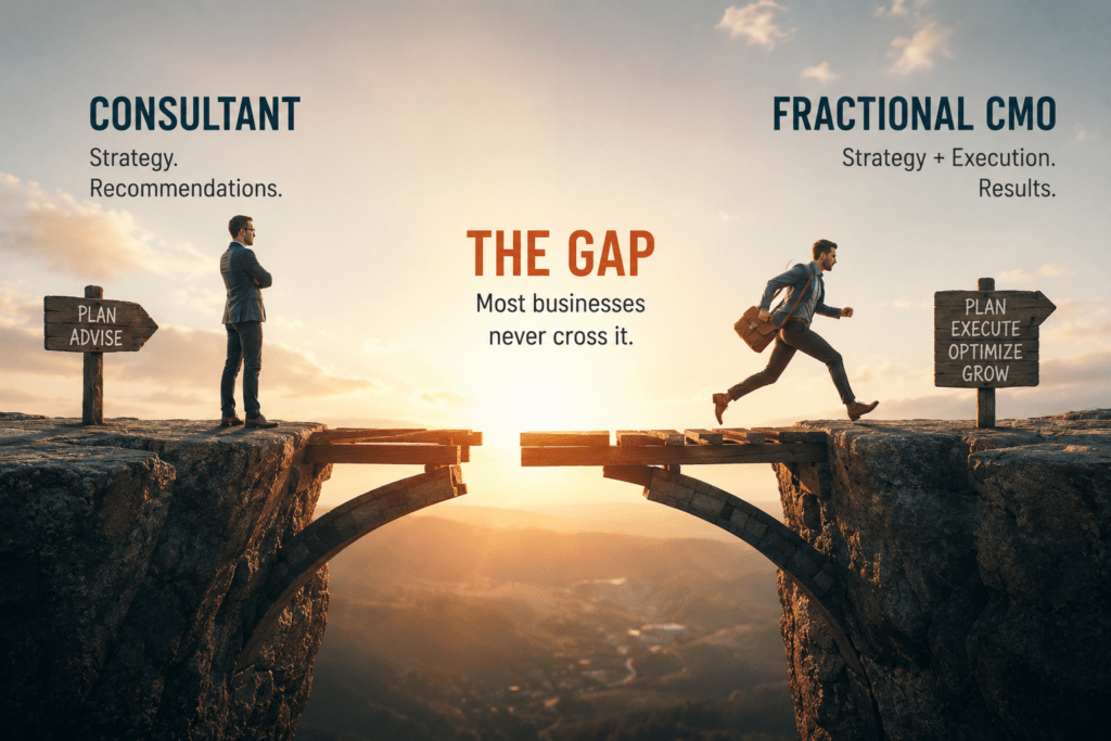 Consultant versus fractional CMO illustrating the strategy and execution gap, with plan advice versus plan execute and grow.