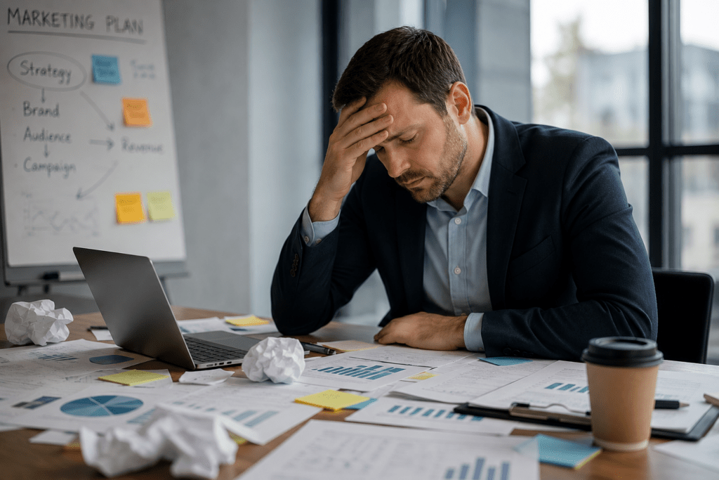 Frustrated businessman at desk with marketing plan, laptop, and crumpled papers illustrating lack of marketing strategy.