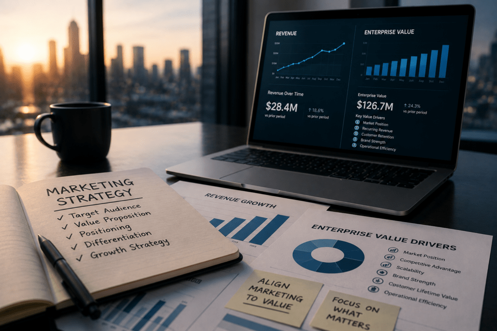 Laptop displaying revenue and enterprise value charts with marketing strategy notes and a cityscape view.