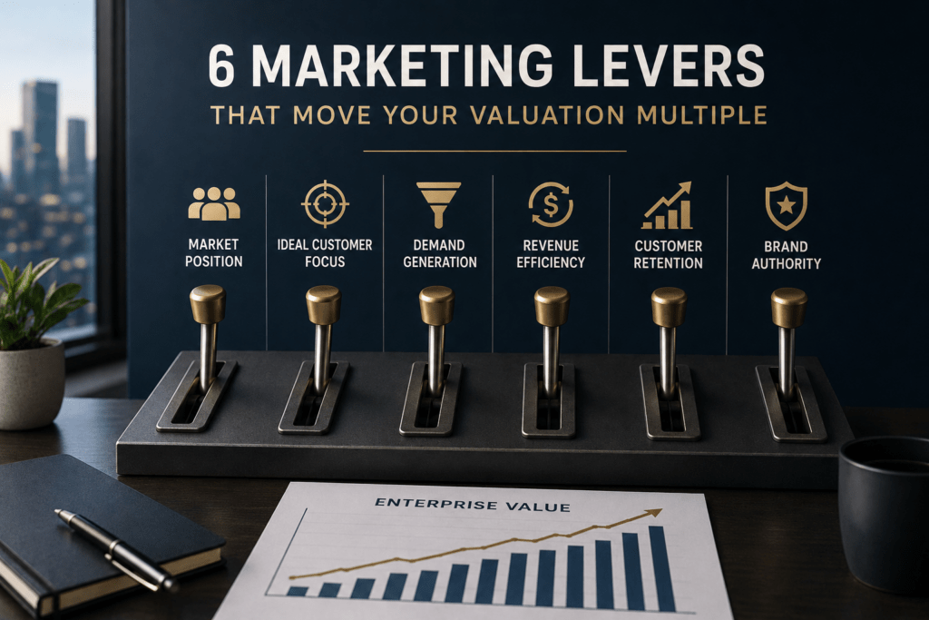 Marketing levers influencing business valuation: market position, ideal customer, demand generation, revenue efficiency, customer retention, and brand authority.