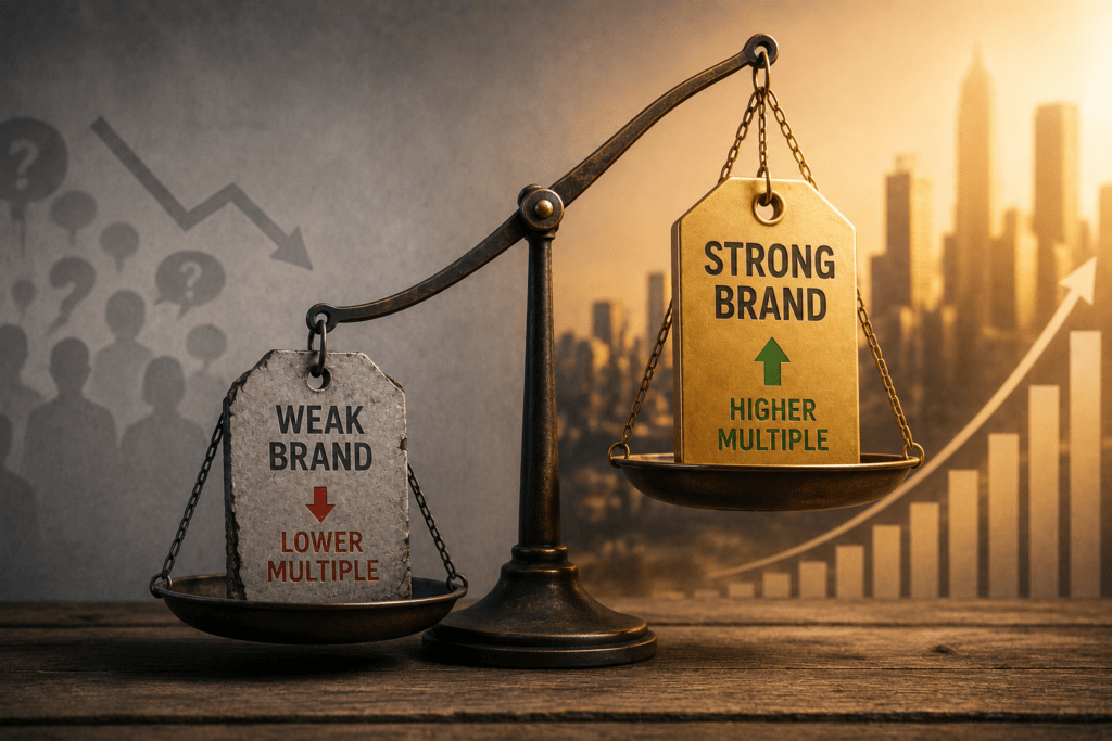 Scales balancing "weak brand" and "strong brand" illustrating brand equity discount and higher valuation multiples.