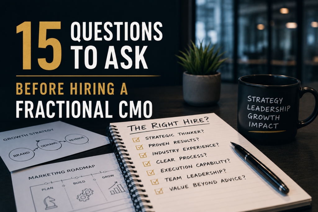 Fractional CMO hiring guide with checklist and strategy concepts illustrating key questions and business growth.