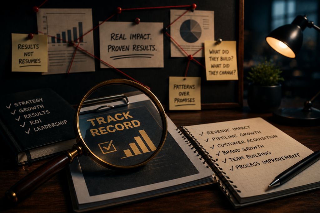 Magnifying glass over track record analysis and business results demonstrating proven marketing outcomes.