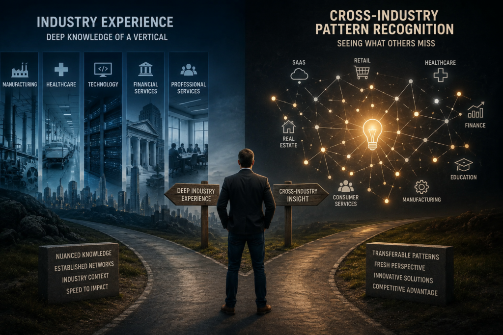 Industry experience versus cross-industry pattern recognition illustrating B2B marketing strategy and diverse business sectors.