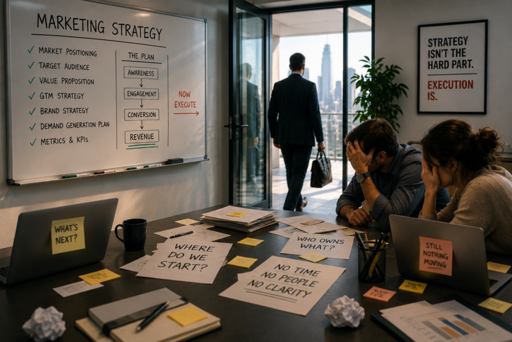 Marketing strategy whiteboard and frustrated team illustrating the "Strategy and Run" problem.